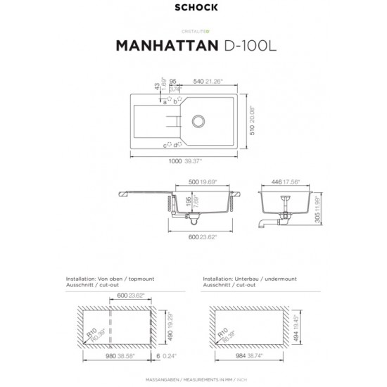 SCHOCK MANHATTAN D-100L INCA - Pomivalno korito z odcejalnikom