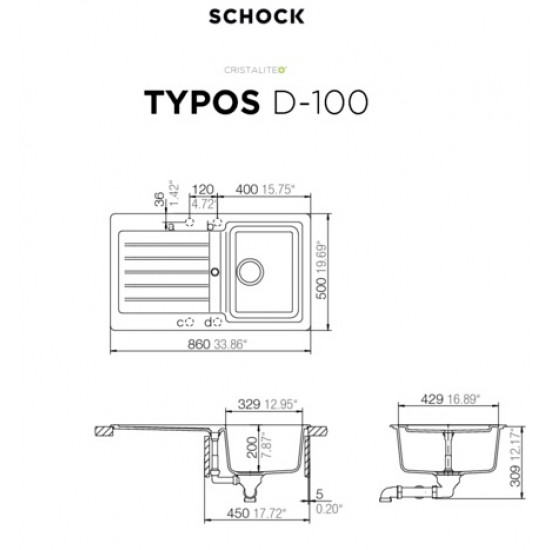 SCHOCK TYPOS D-100 ALPINA - Pomivalno korito z odcejalnikom