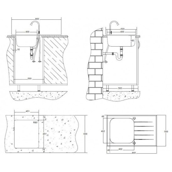 SINK SOLUTION S LINE 800*500 ČRNA - Pomivalno korito z odcejalnikom