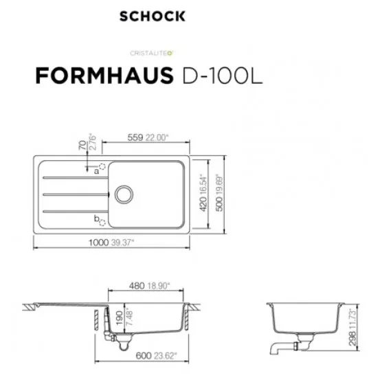 SCHOCK FORMHAUS D-100L ONYX - Pomivalno korito z odcejalnikom