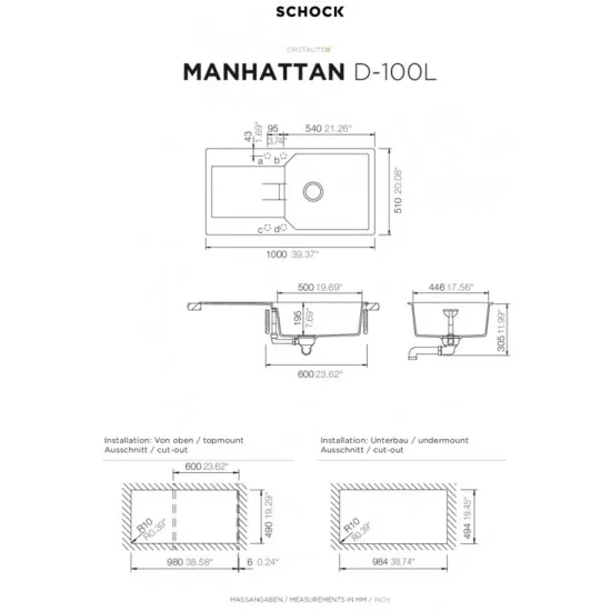 SCHOCK MANHATTAN D-100L INCA - Pomivalno korito z odcejalnikom
