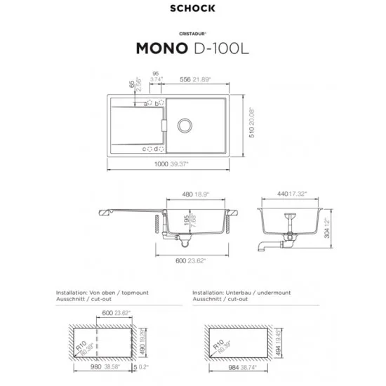 SCHOCK MONO D-100L MAGNOLIA - Pomivalno korito z odcejalnikom