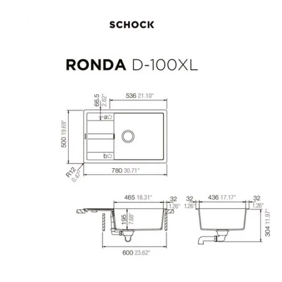 SCHOCK RONDA D-100XL ONYX - Pomivalno korito z odcejalnikom