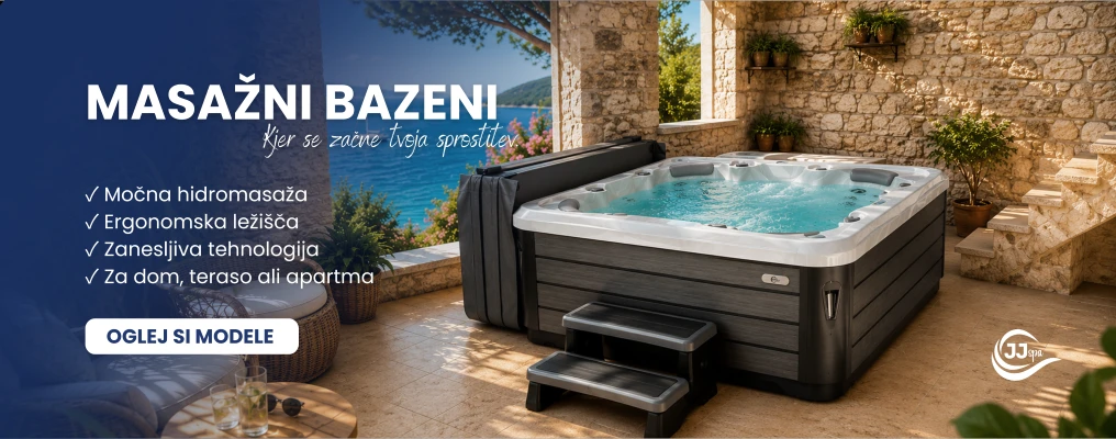Masažni bazen na terasi z ergonomskimi ležišči in hidromasažnimi šobami